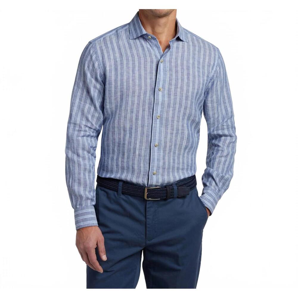 NEW DAVID DONAHUE linen stripe sport shirt in navy/sky